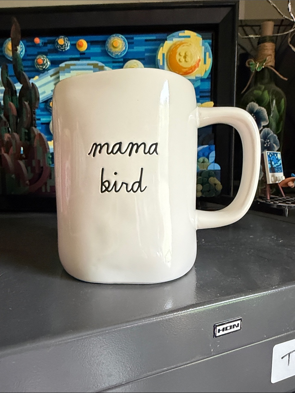 Rae Dunn white mug with pink interior - "mama bird"